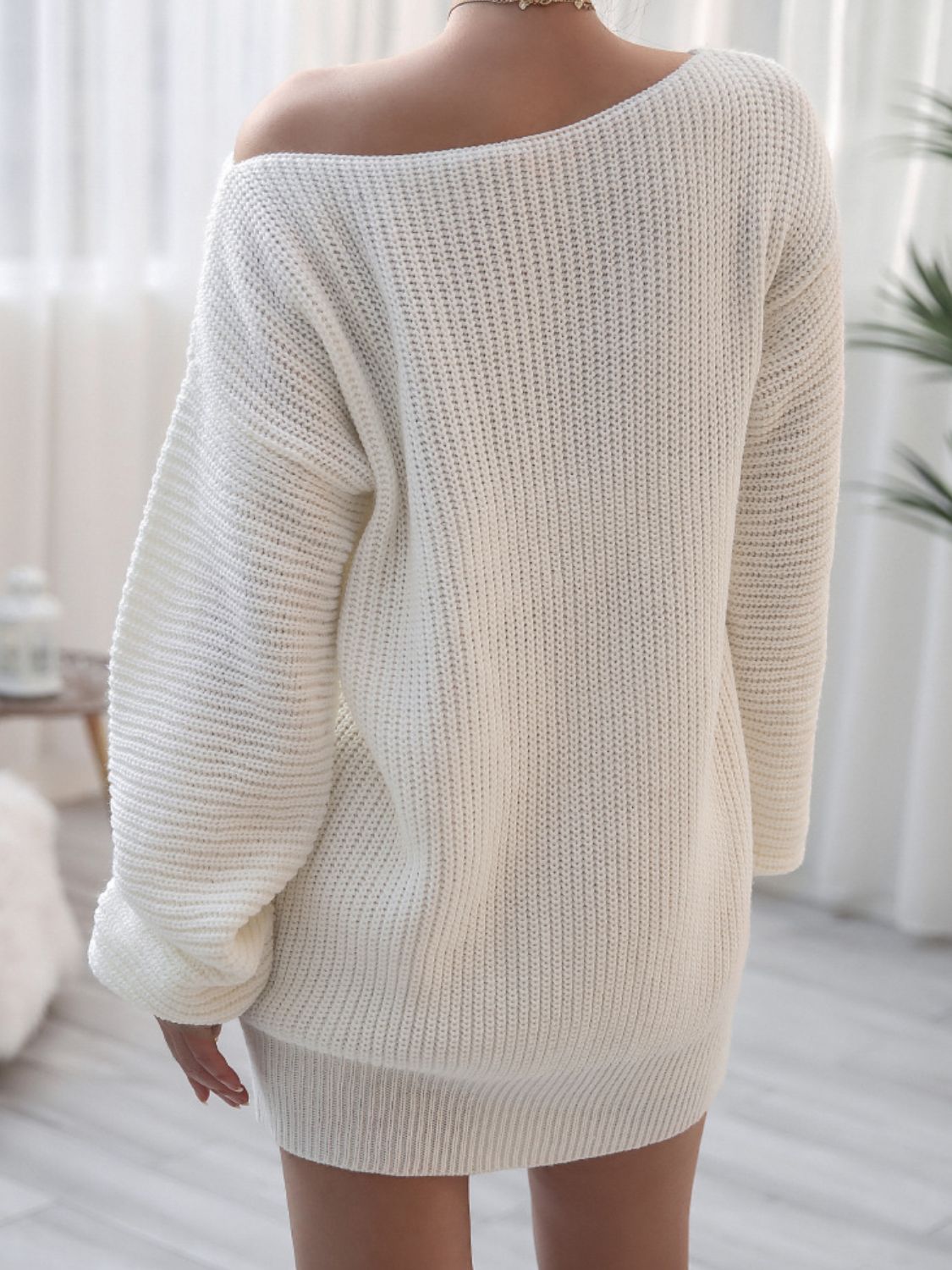 Vestido estilo suéter con cuello barco y manga globo de punto acanalado