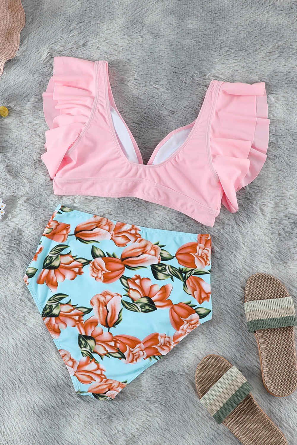 Sexy Floral Ruffle High Waist Bikini Swimsuit