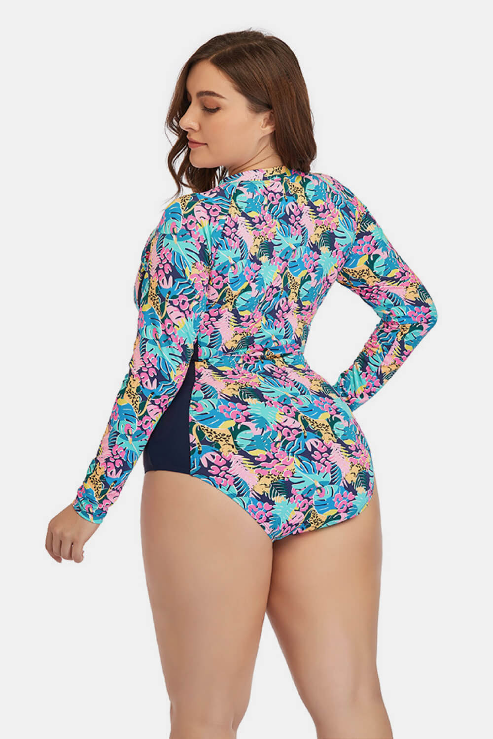 Traje de baño de una pieza floral con cremallera de talla grande