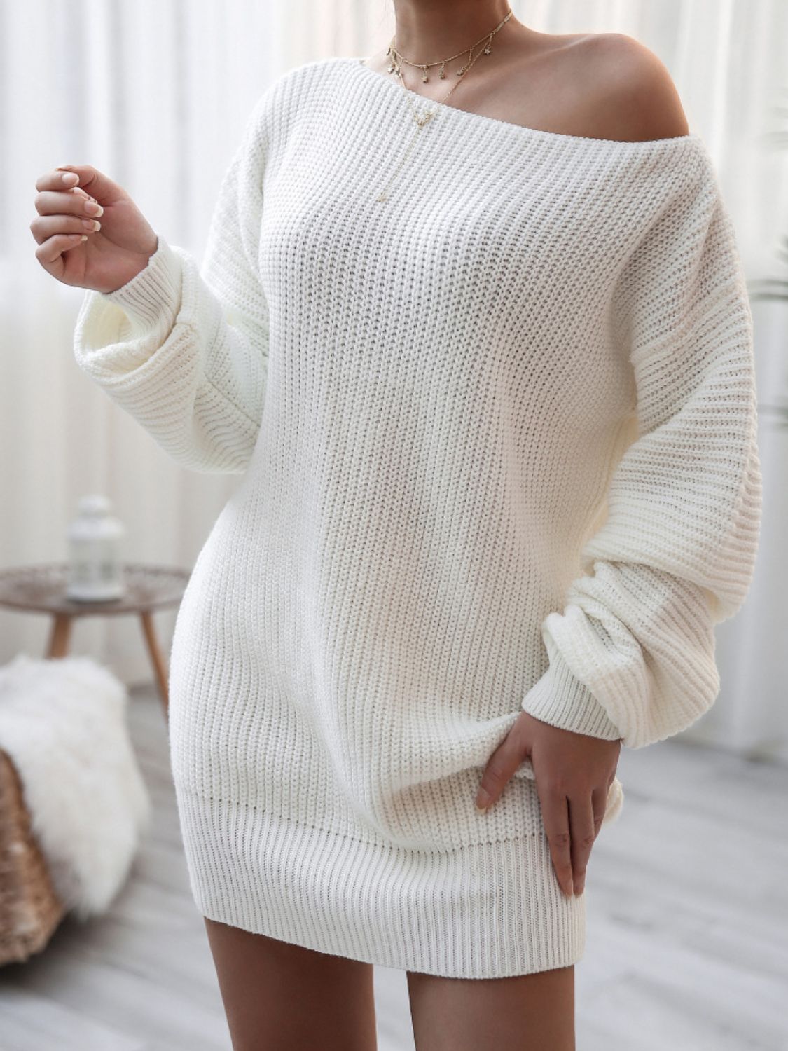 Vestido estilo suéter con cuello barco y manga globo de punto acanalado