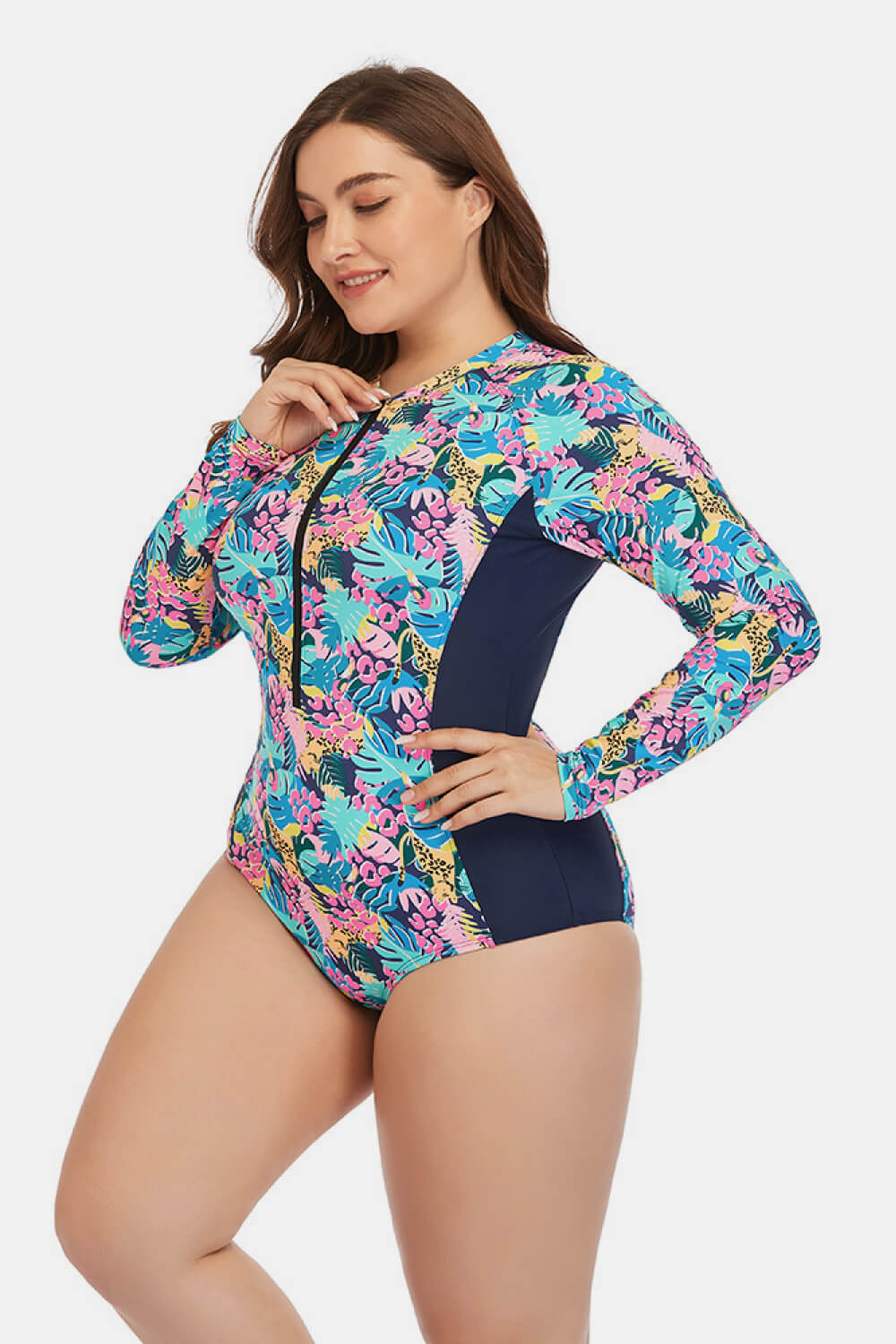 Traje de baño de una pieza floral con cremallera de talla grande