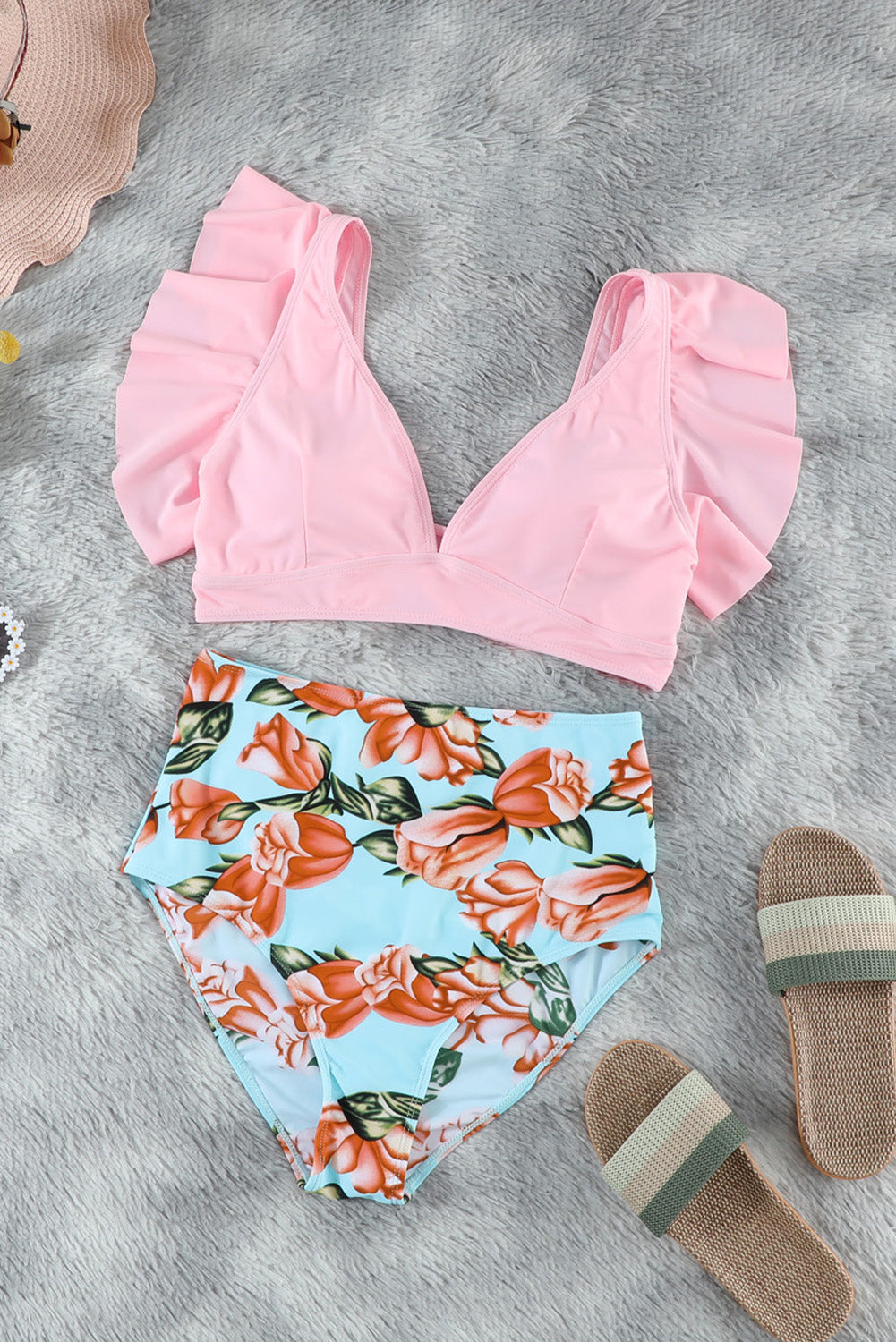 Sexy Floral Ruffle High Waist Bikini Swimsuit