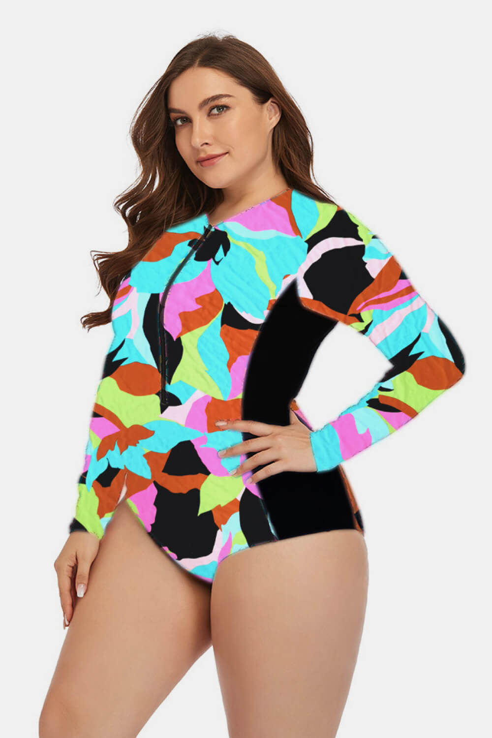 Traje de baño de una pieza floral con cremallera de talla grande