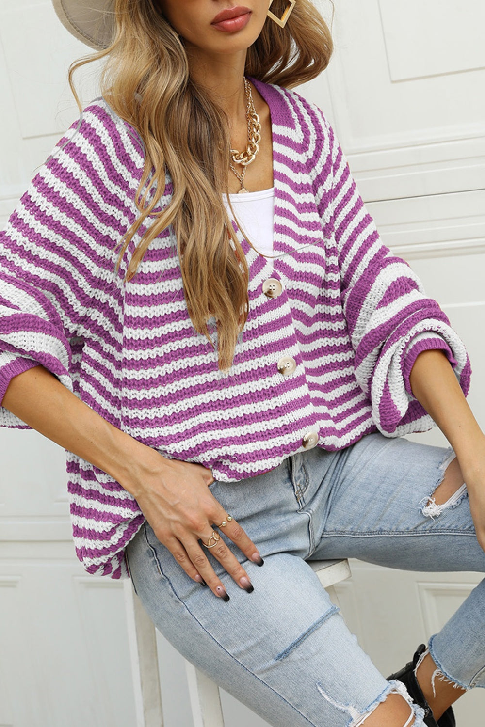 Angel Wings Striped Button Up Long Sleeve Cardigan