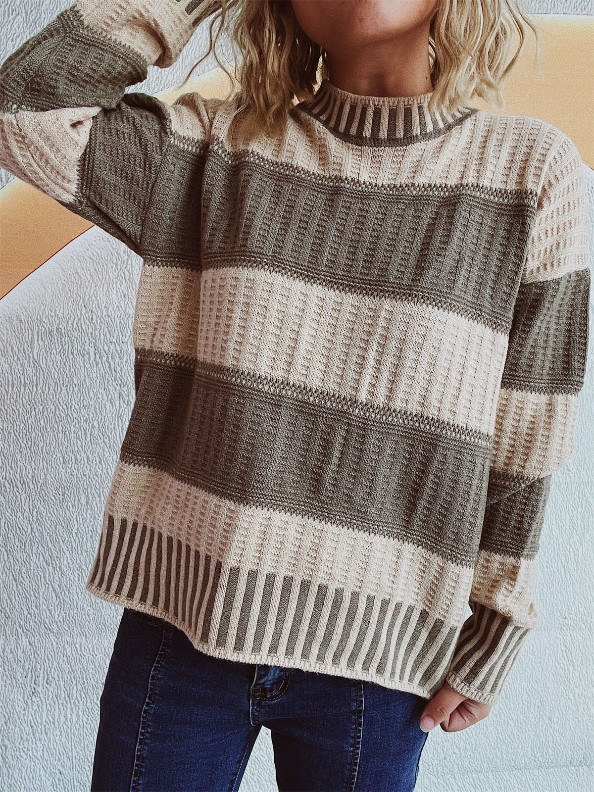 Contrast Round Neck Long Sleeve Sweater