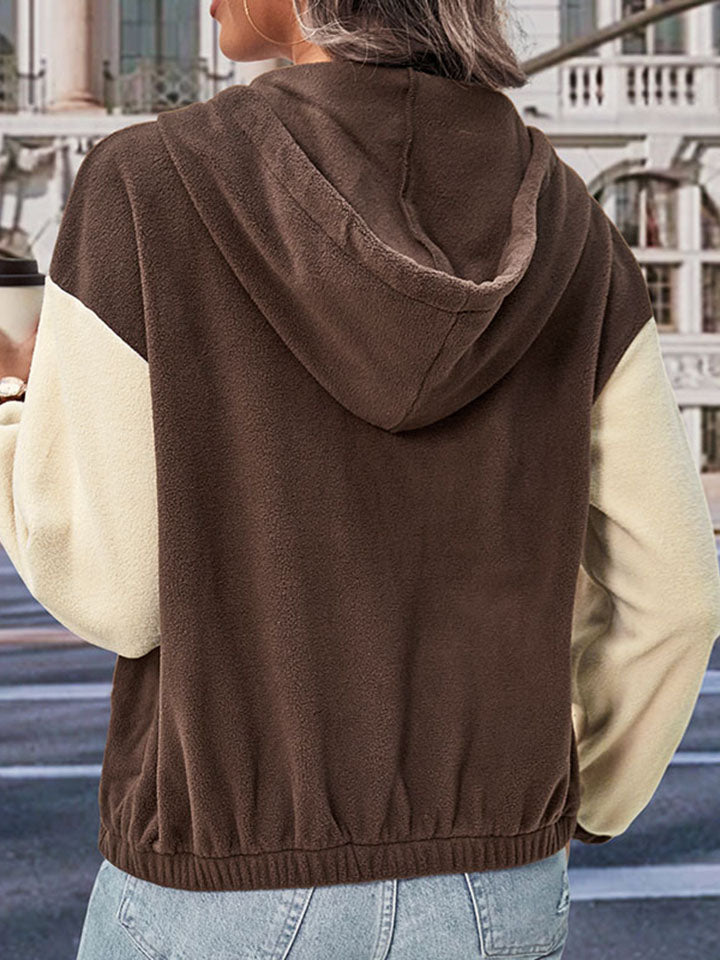 Perfee Two-Tone Zip-Up Dropped Shoulder Hooded Jacket