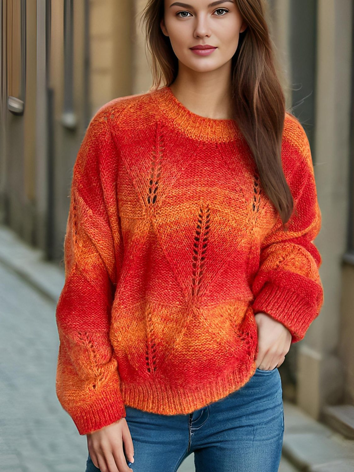 Openwork Round Neck Long Sleeve Sweater