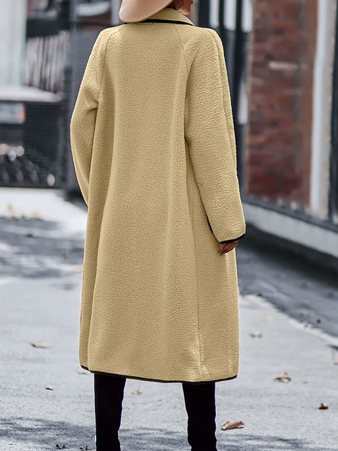 Full Size Contrast Trim Long Sleeve Coat with Pockets