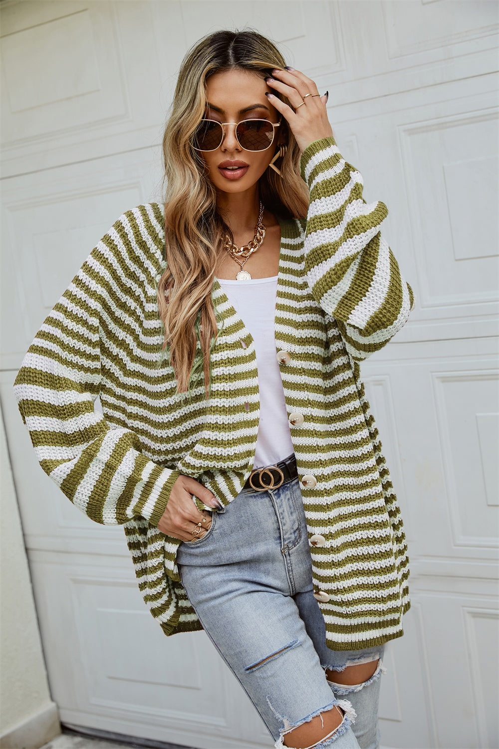 Angel Wings Striped Button Up Long Sleeve Cardigan