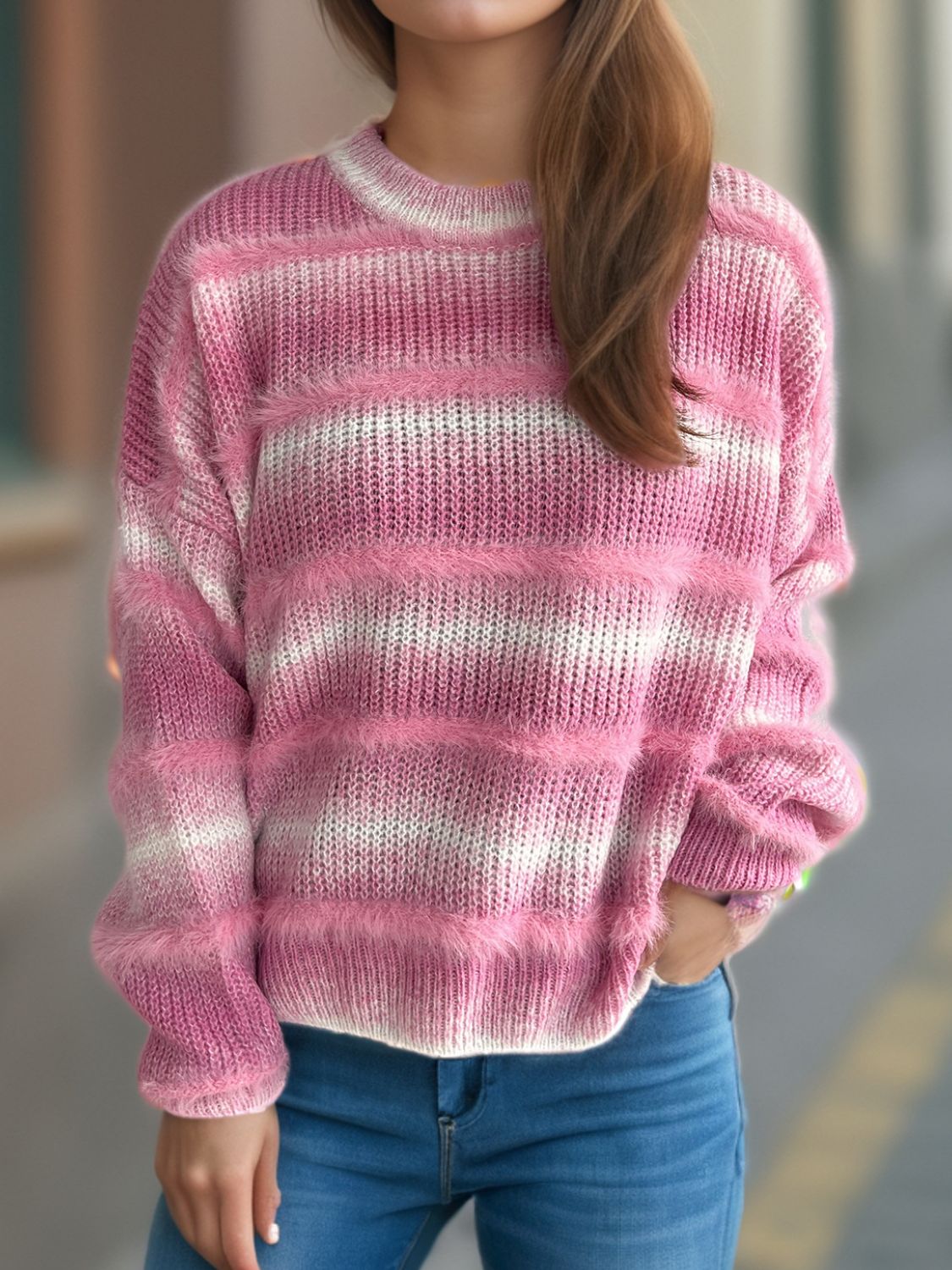 Gradient Round Neck Dropped Shoulder Sweater