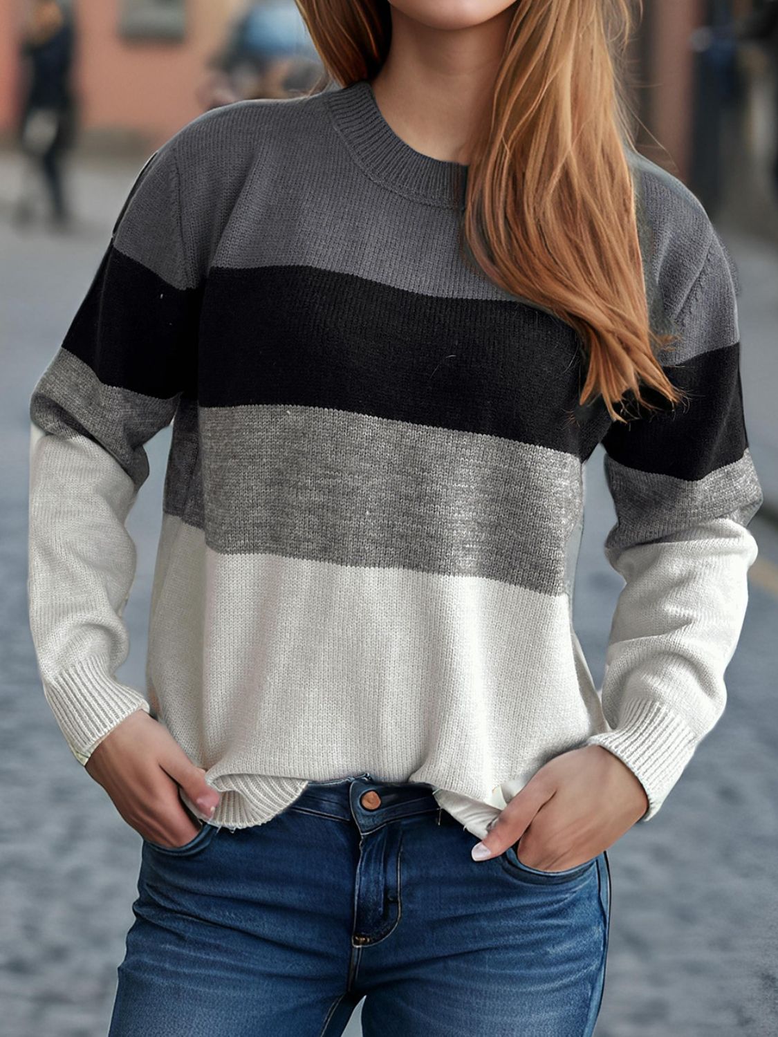 Color Block Round Neck Long Sleeve Sweater