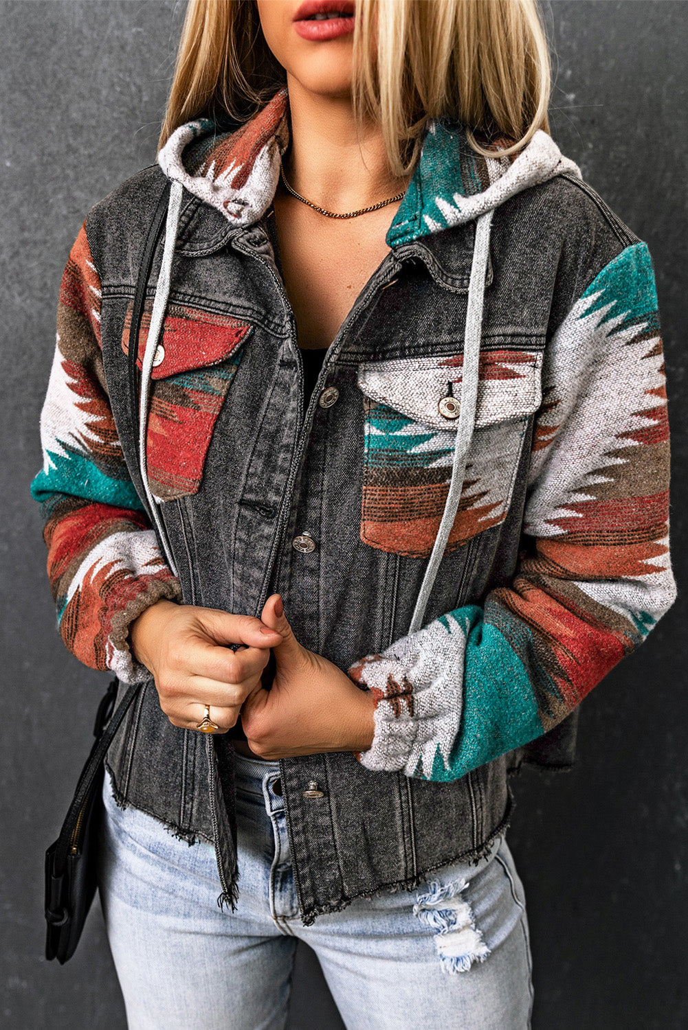 Drawstring Hooded Pocketed Denim Jacket