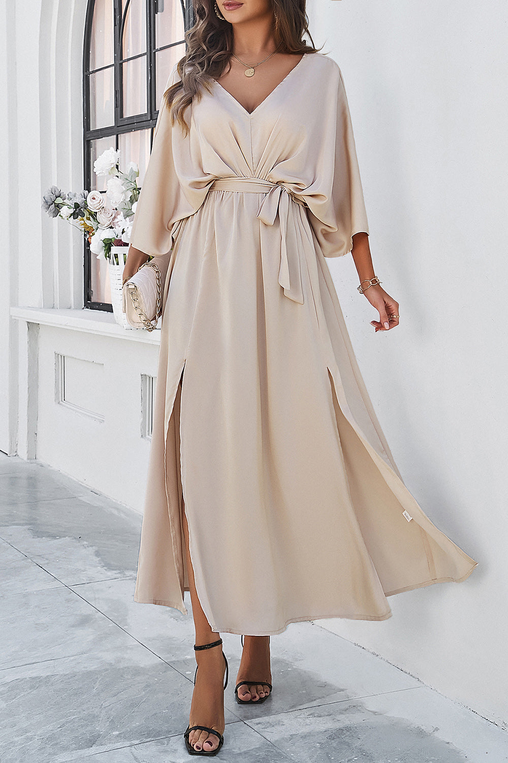 Devine Slit Tied V-Neck Three-Quarter Sleeve Dress