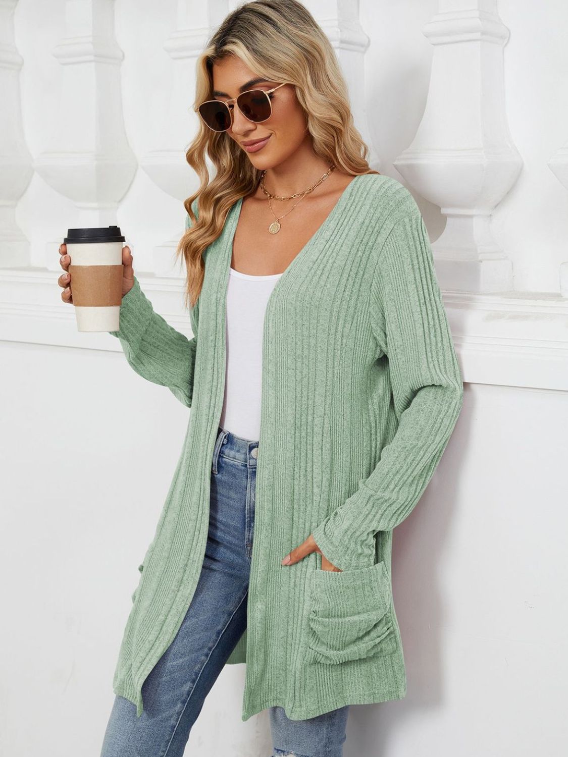 Pocketed Open Front Long Sleeve Cardigan