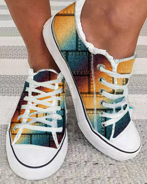 Denim Look Print Rainbow Ombre Raw Hem Canvas Sneakers