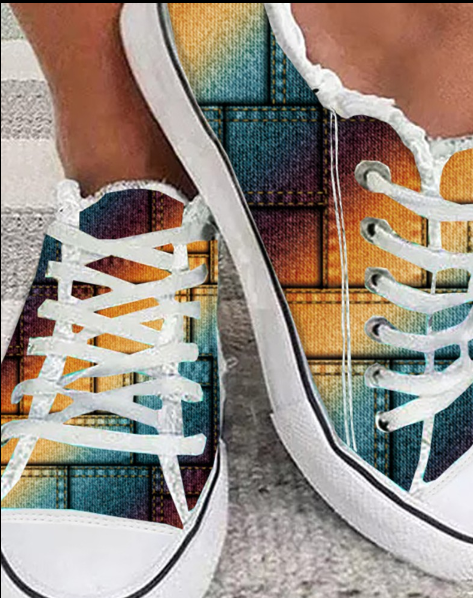 Denim Look Print Rainbow Ombre Raw Hem Canvas Sneakers