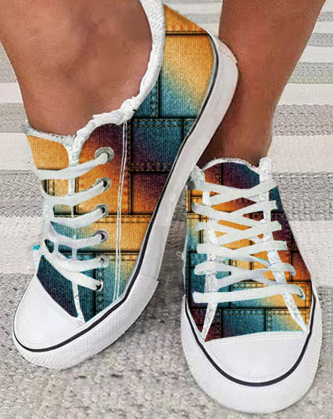 Denim Look Print Rainbow Ombre Raw Hem Canvas Sneakers