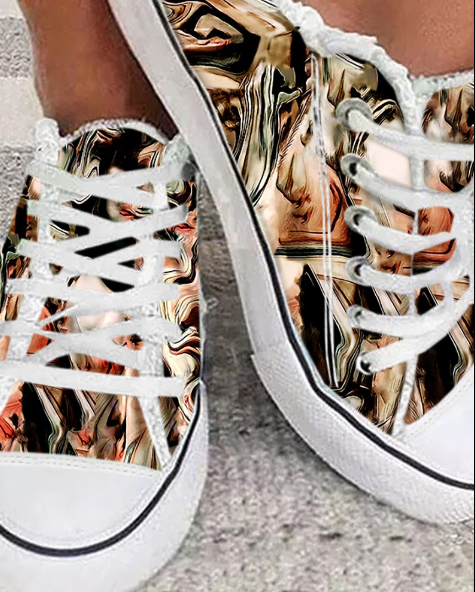 Marble Print Raw Hem Lace-up Sneakers