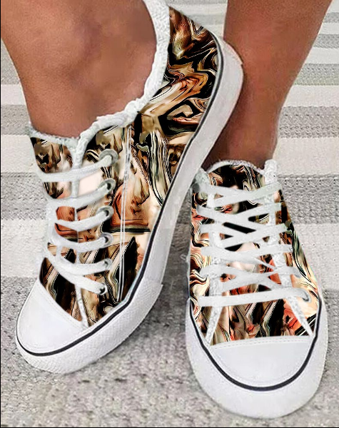 Marble Print Raw Hem Lace-up Sneakers