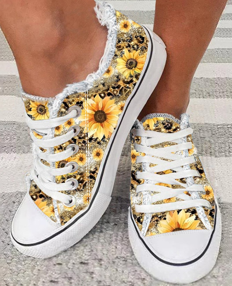 Sunflower Print Raw Hem Canvas Sneakers