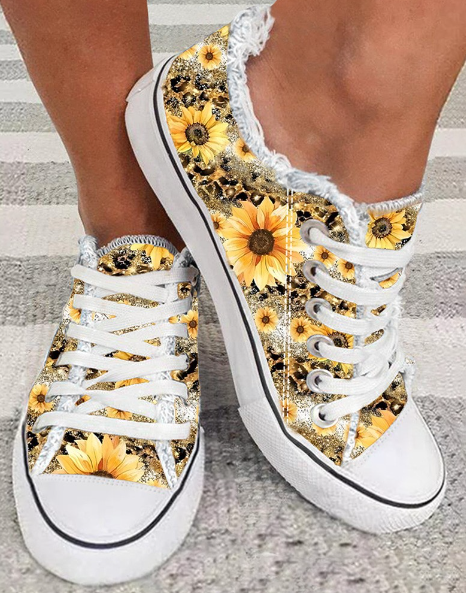 Sunflower Print Raw Hem Canvas Sneakers