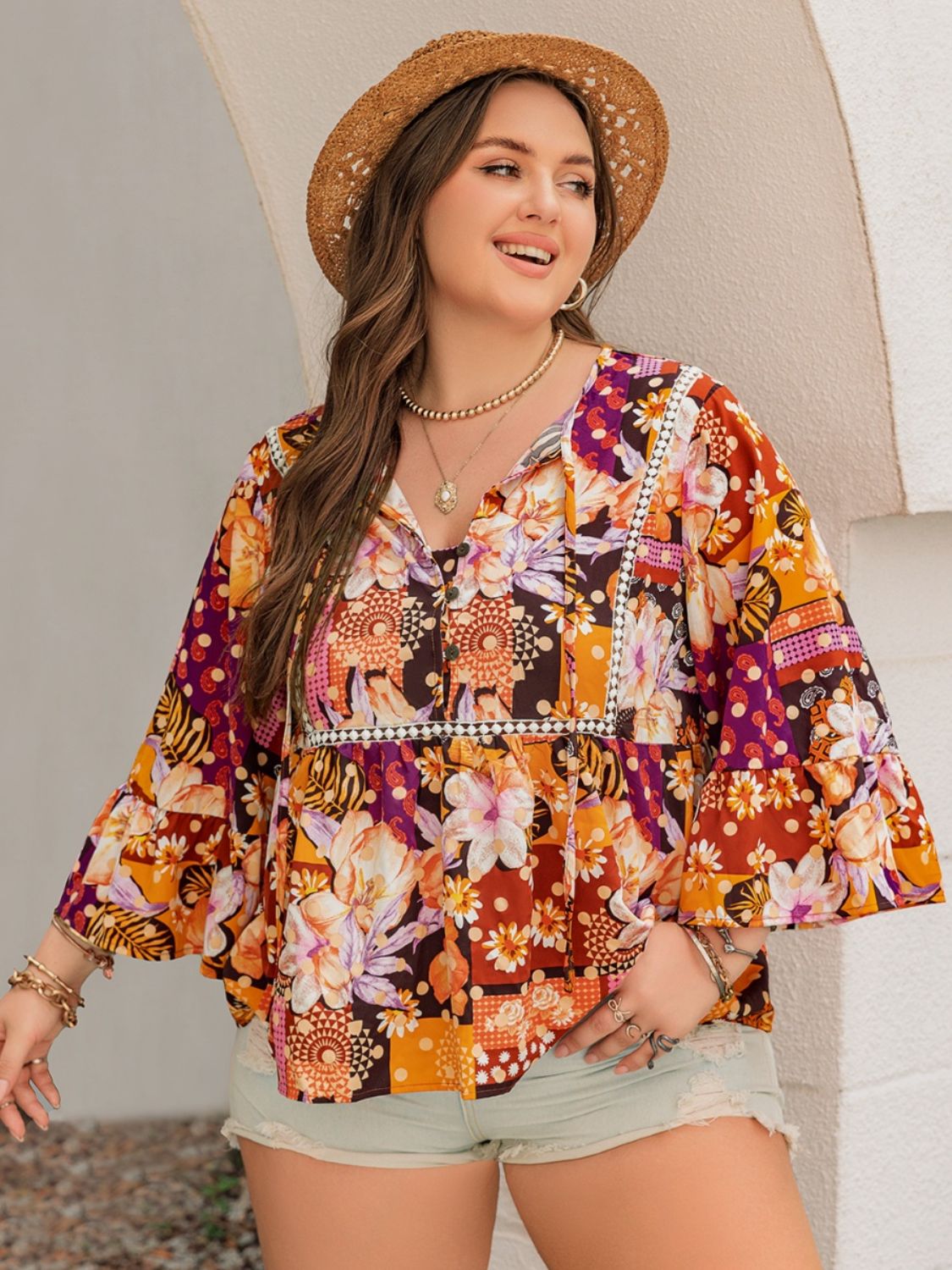 Plus Size Printed Tie Neck Blouse