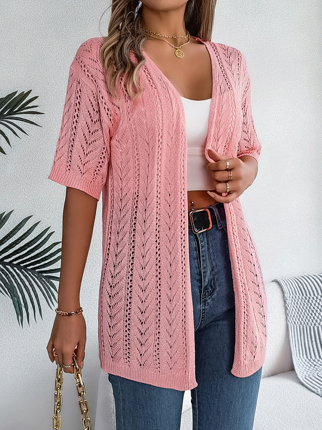 Openwork Open Front Half Sleeve Cardigan