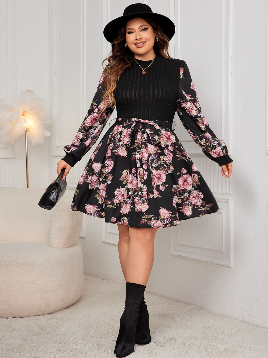 Honey Plus Size Tied Printed Long Sleeve Dress