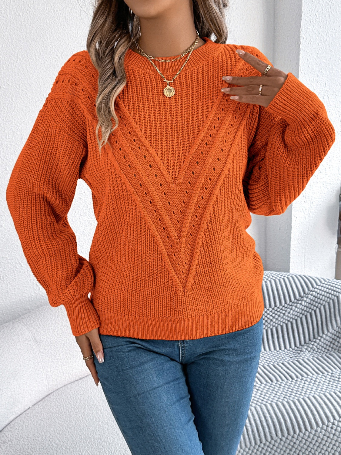 Openwork Round Neck Long Sleeve Sweater