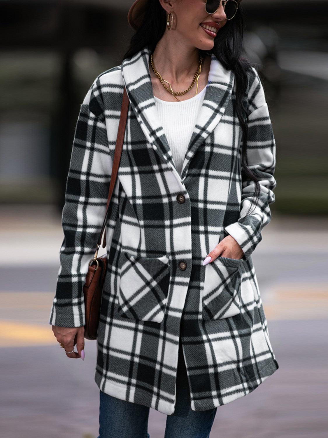 Shiny Plaid Shawl Collar Coat with Pockets