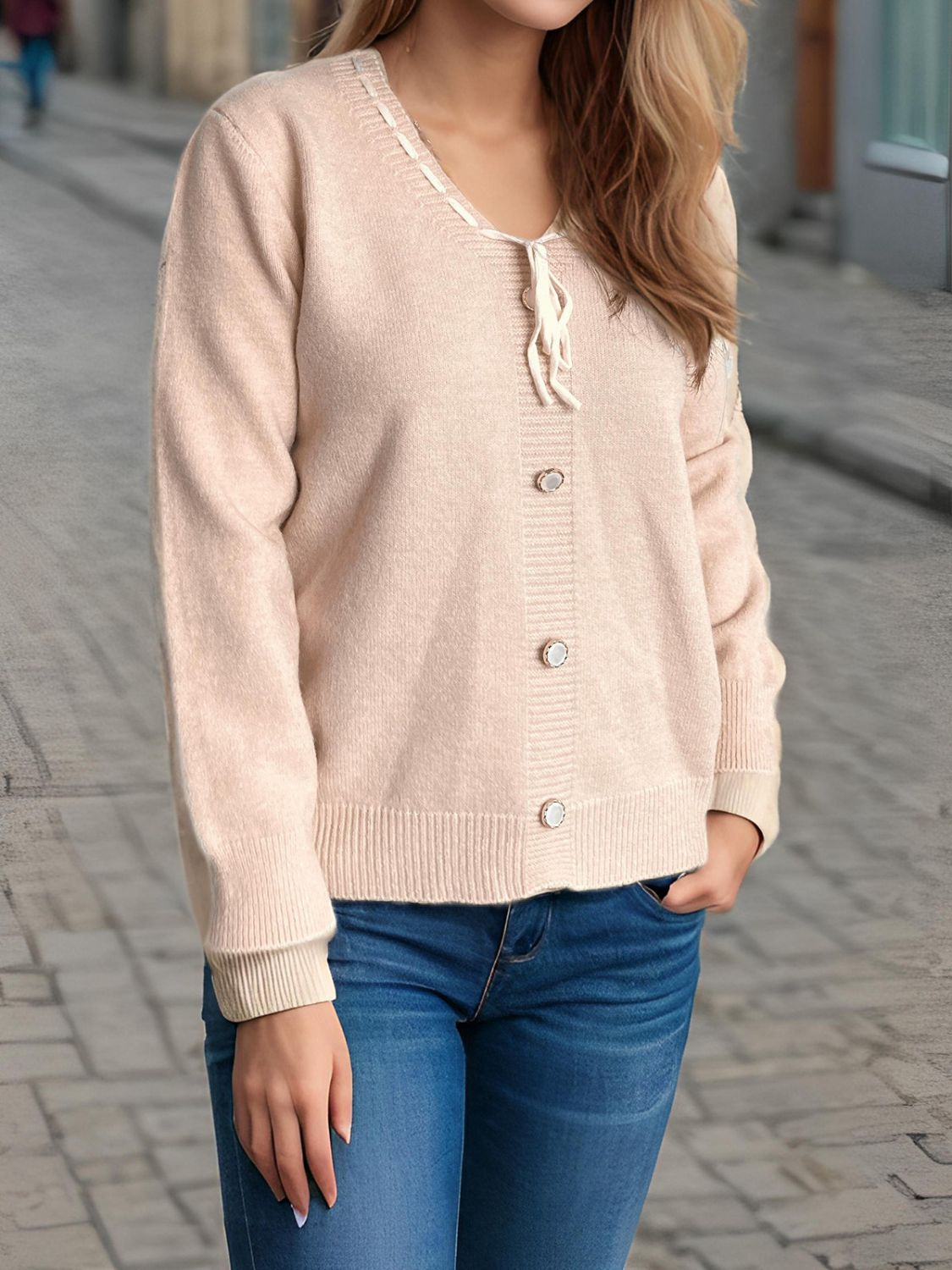 Tied V-Neck Long Sleeve Sweater