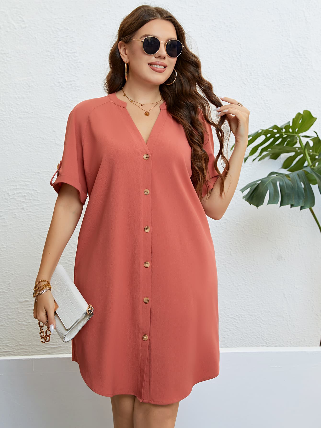 Honey Plus Size Buttoned Notched Neck Shift Dress