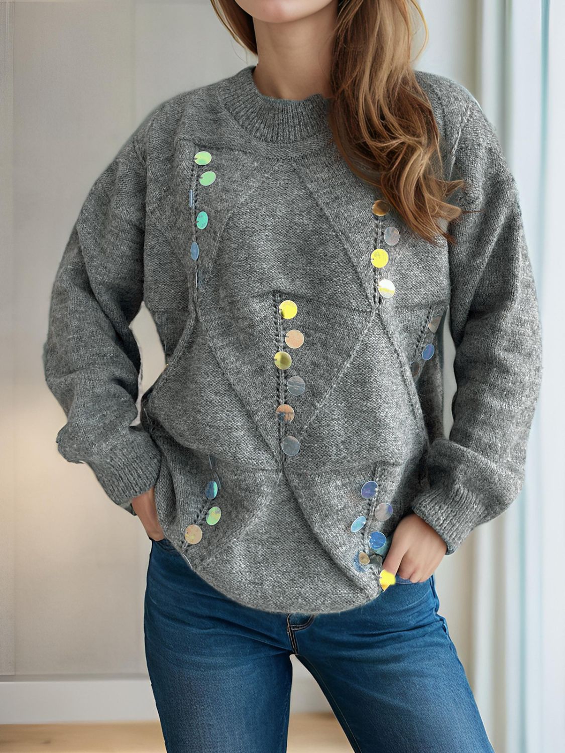 Sequin Mock Neck Long Sleeve Sweater