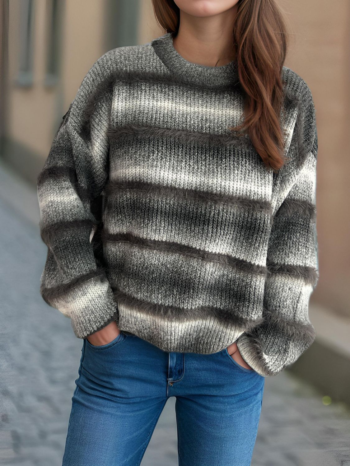 Gradient Round Neck Dropped Shoulder Sweater