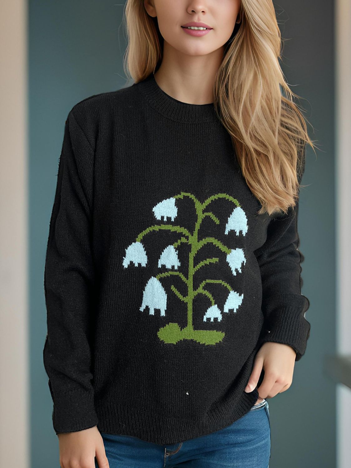 Plant Round Neck Long Sleeve Sweater