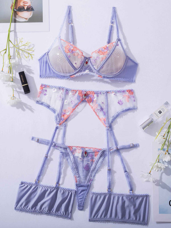 New craft embroidery mesh splicing underwear three-piece body shaping split sexy suit