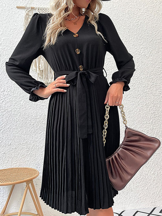 Decorative Button Belted Puff Sleeve Pleated Dress