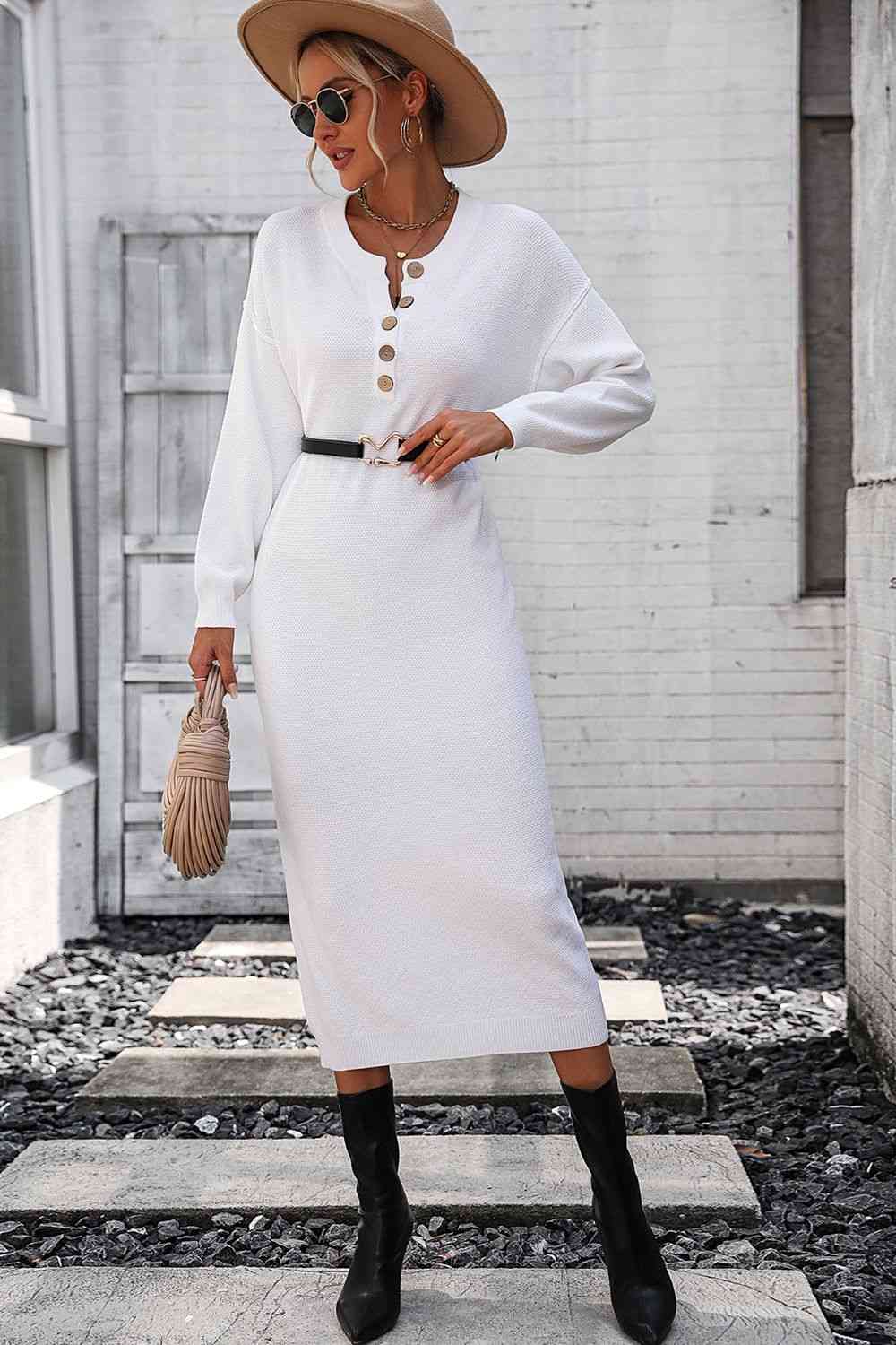 Notched Neck Dropped Shoulder Button-Down Midi Dress