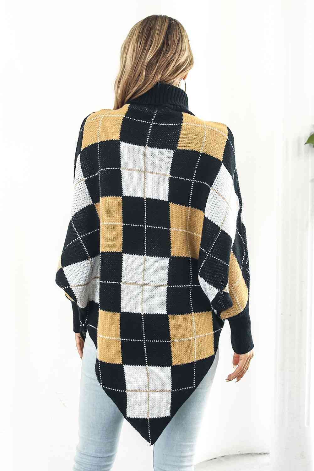 Plaid Turtleneck Dolman Sleeve Poncho