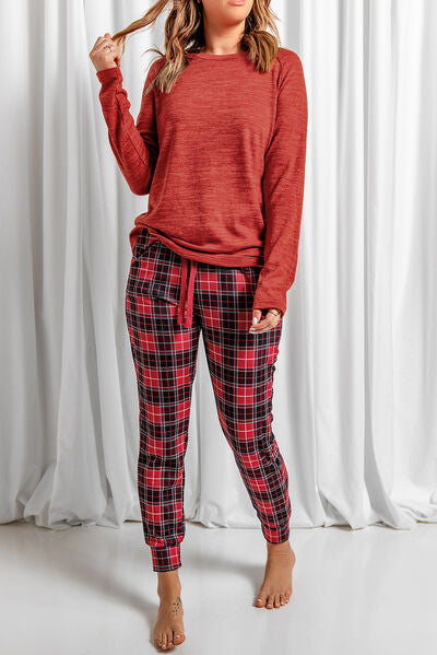 Round Neck Top and Drawstring Plaid Pants Lounge Set