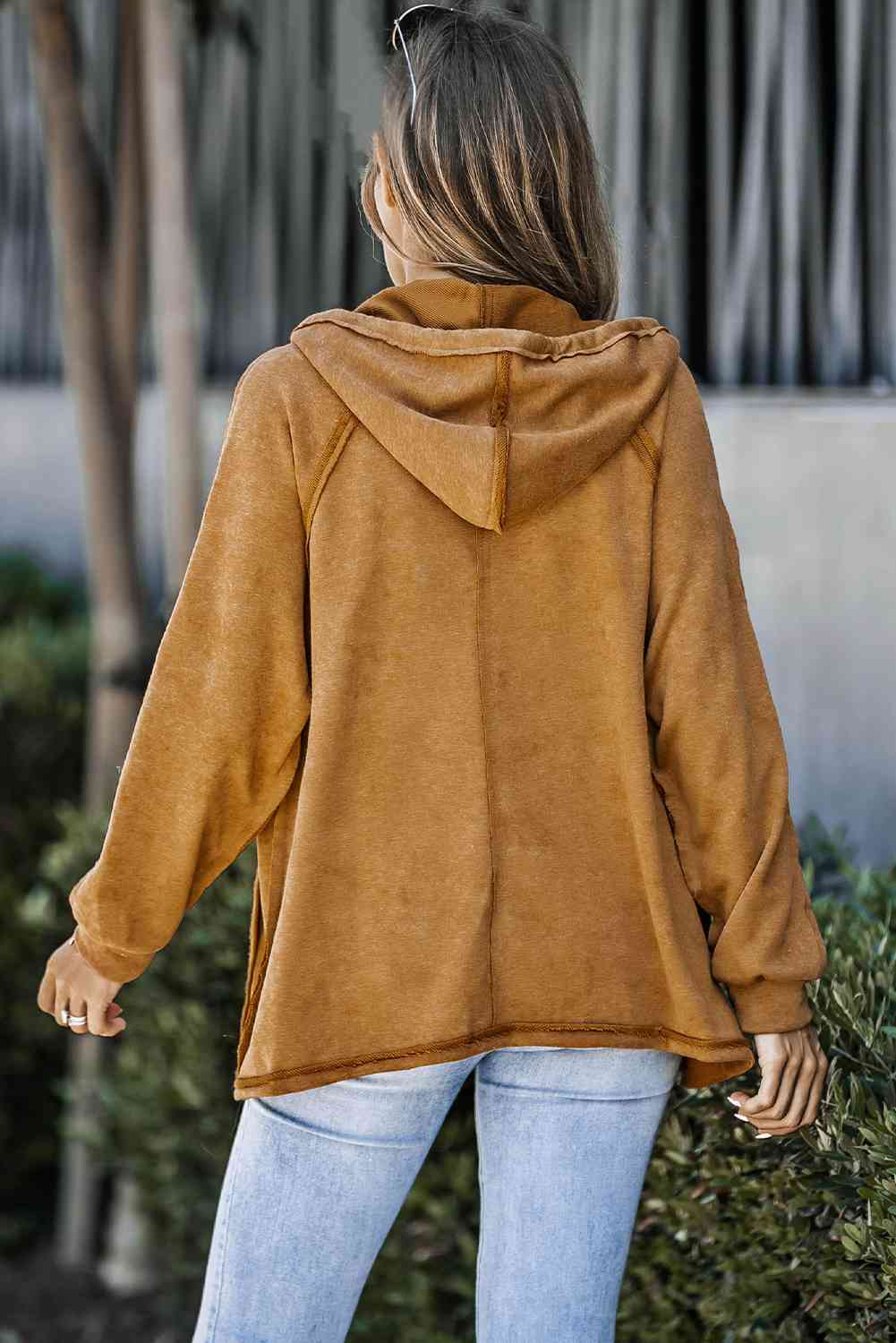 Exposed Seam Drawstring Hooded Jacket with Pockets