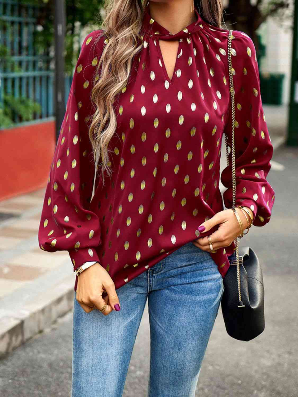 Mock Neck Cutout Lantern Sleeve Blouse