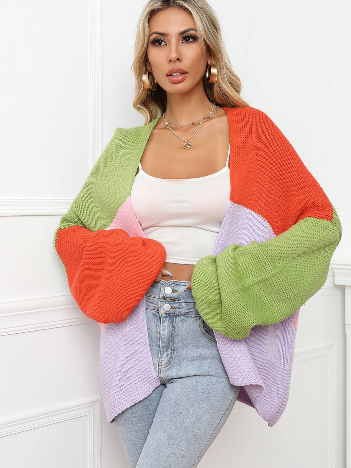 Color Block Open Front Balloon Sleeve Longline Cardigan