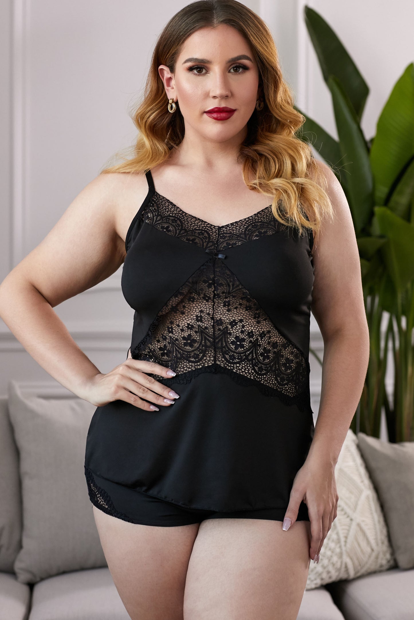 Ensemble de Pyjama en Dentelle Insérée de Grande Taille