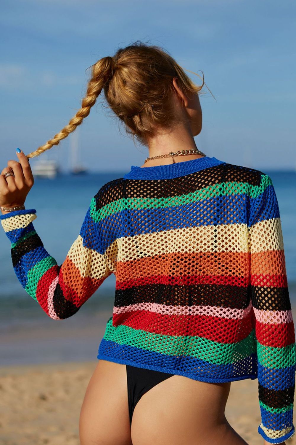 Vestido playero de manga larga calado con rayas arcoíris