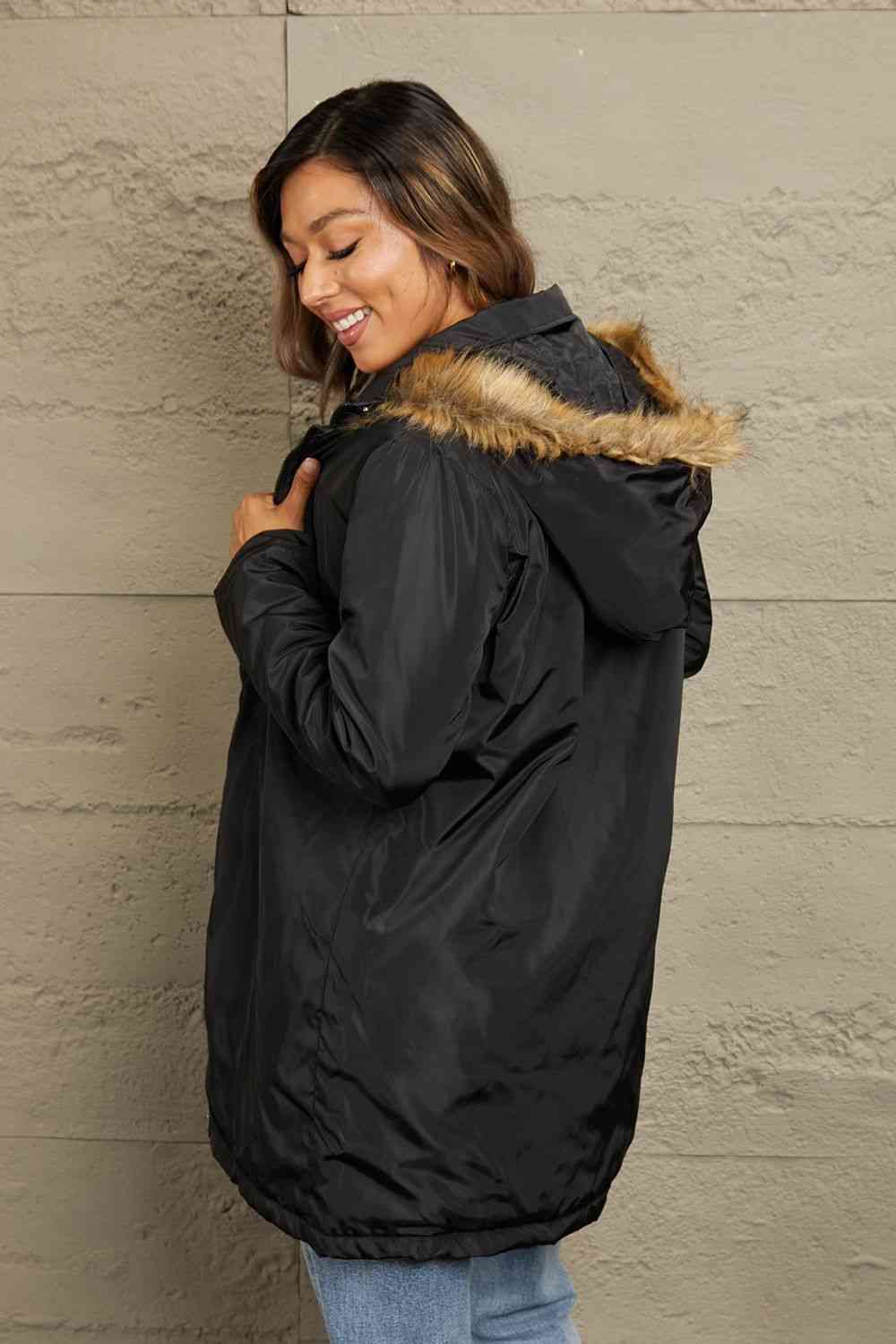 Double Take Faux Fur Trim Hooded Puffer Jacket