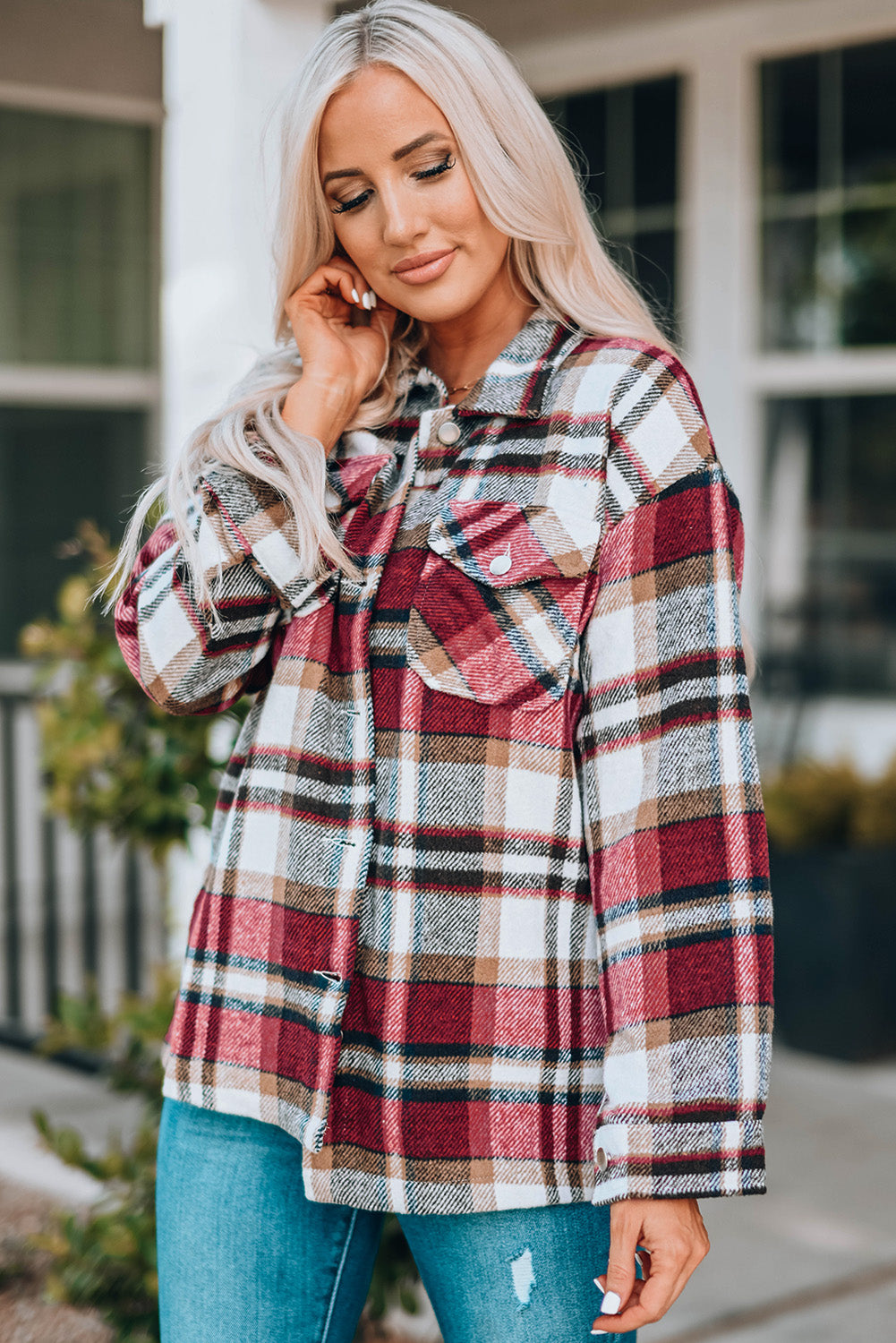 Veste chemise boutonnée à carreaux avec poches poitrine