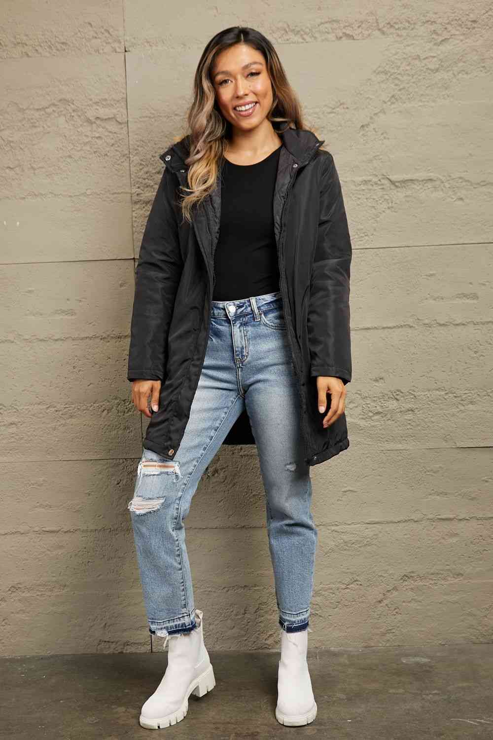 Double Take Faux Fur Trim Hooded Puffer Jacket