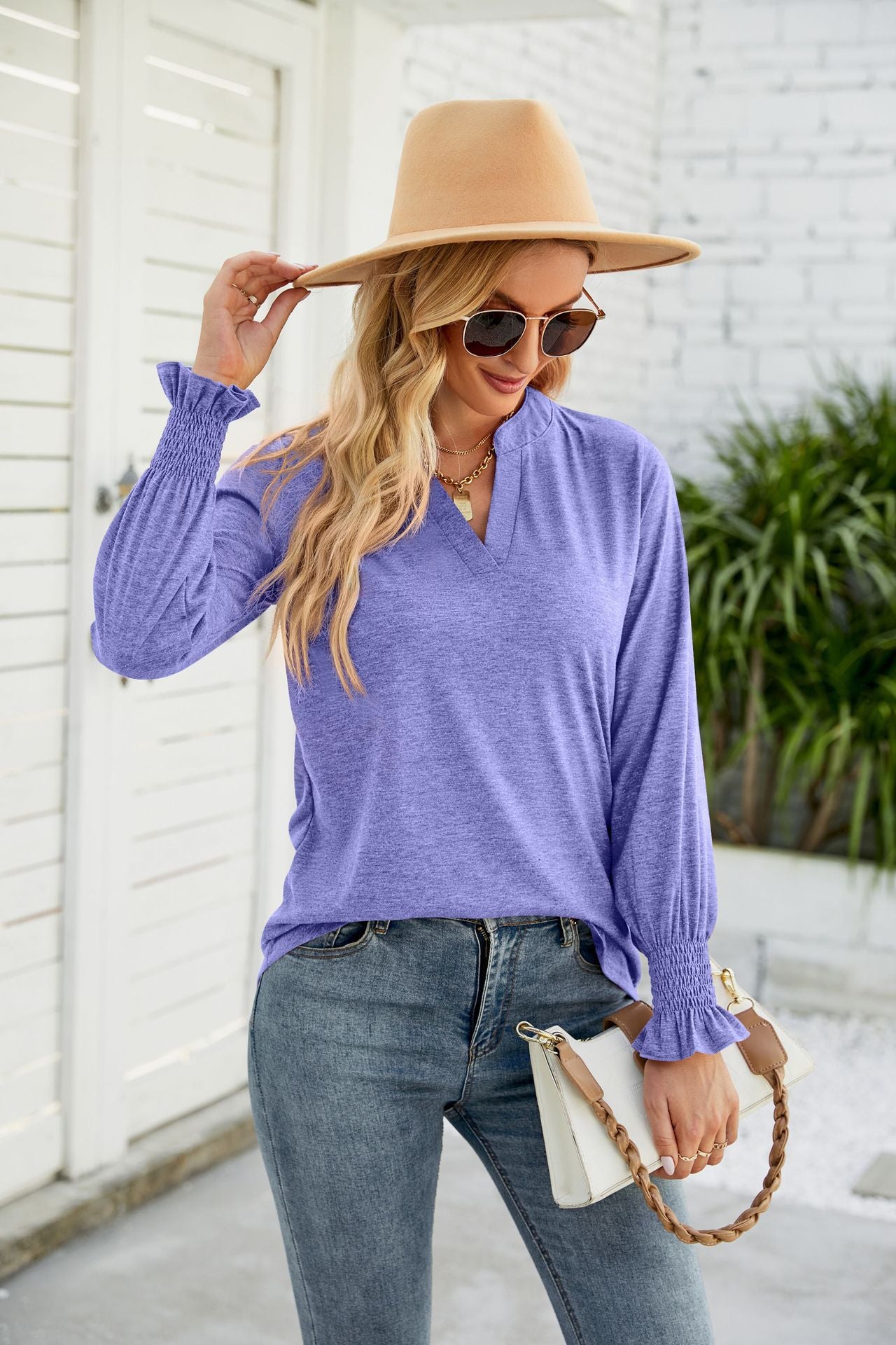 Heathered Flounce Sleeve Curved Hem Top