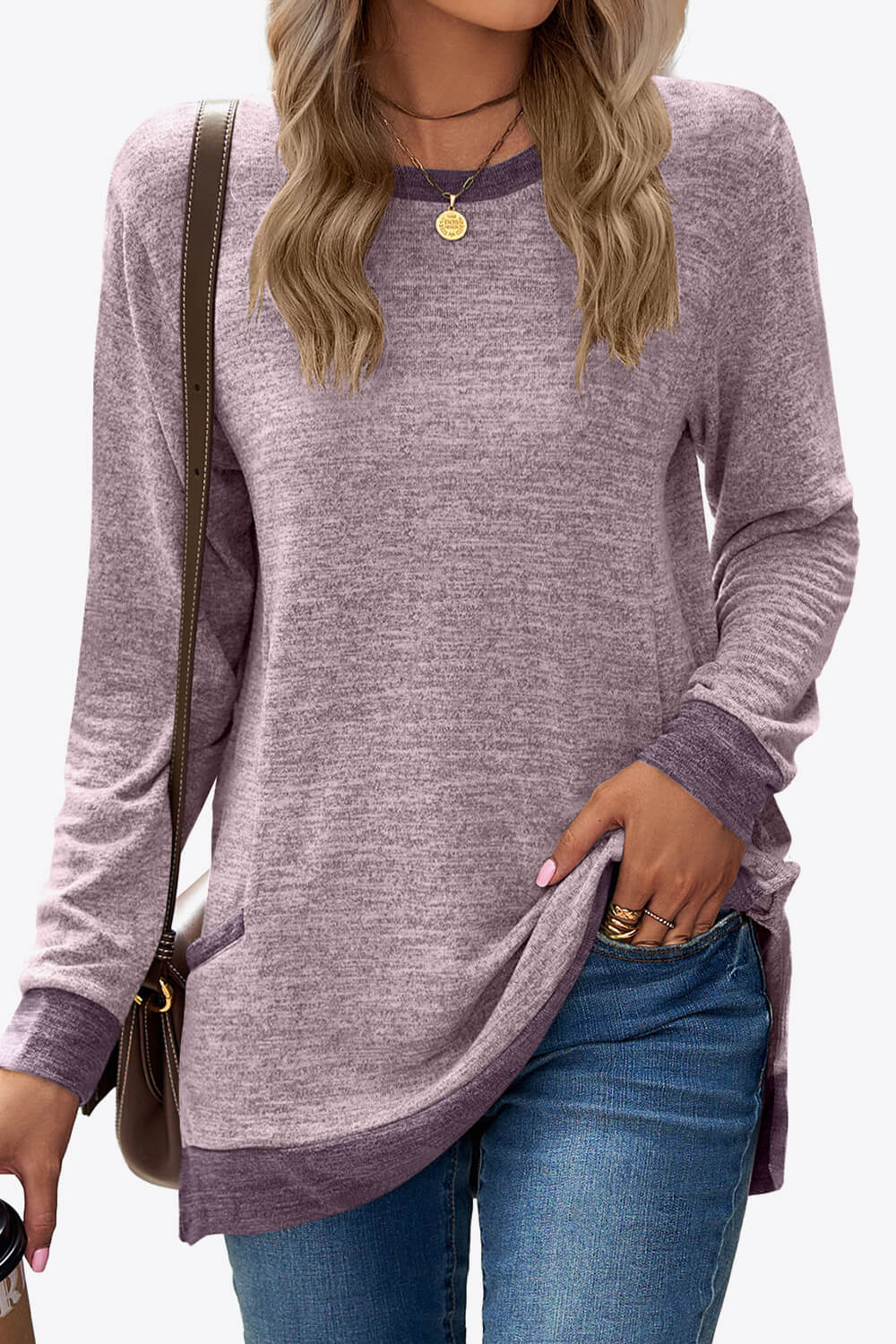 Heathered Slit Top with Pockets